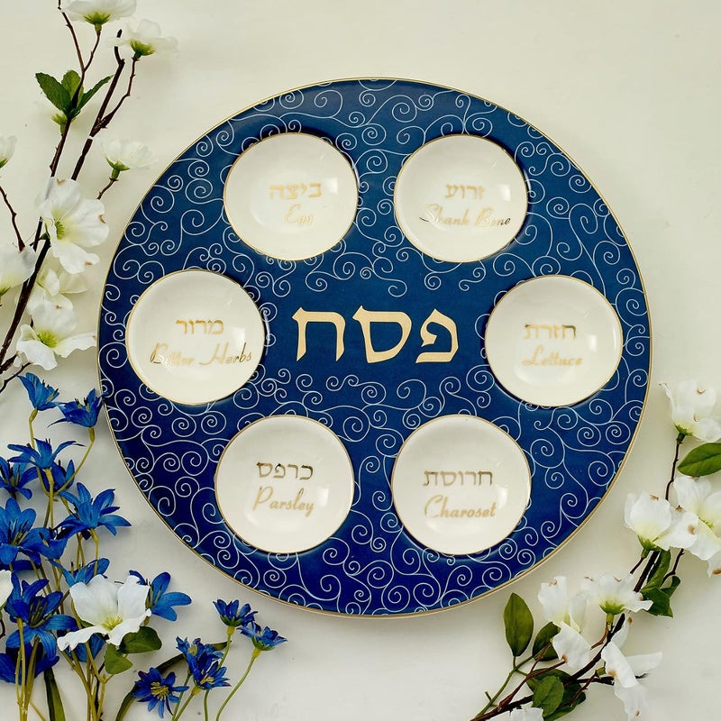 Rite Lite Blue & White Curlicue Seder Plate With Gold Accents - Elegant & Modern Pesach Seder Dish Recipe Hebrew & English Haggadah Traditional Jewish Holiday Party Decor (Seder Plate) - Image 2
